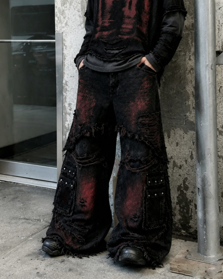 KIIKIO Gradient Red Frayed Cargo Wide Leg Denim Pants