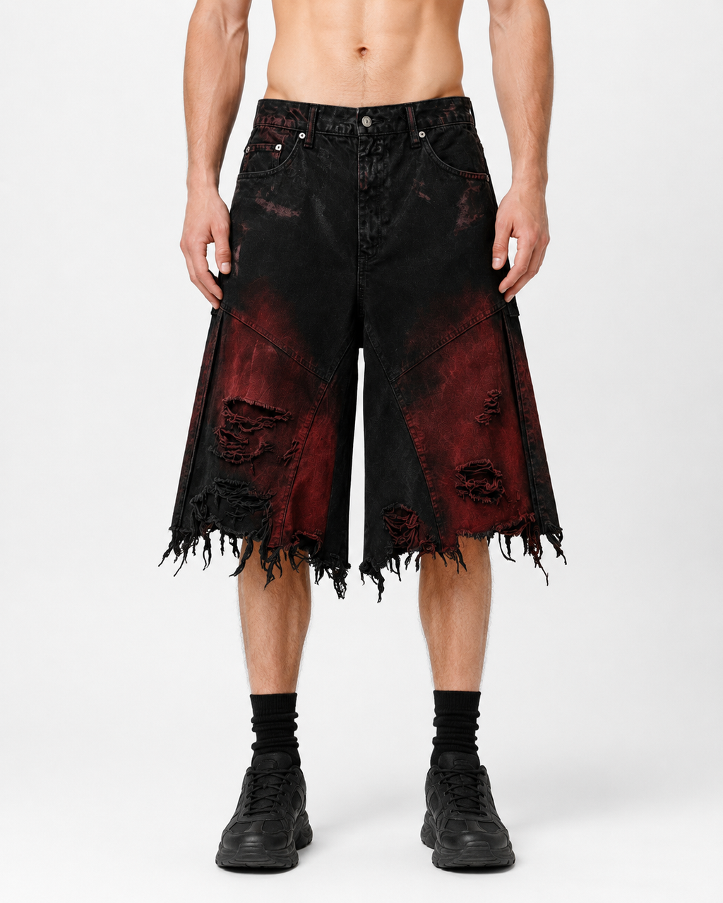KIIKIO Red Washed Distressed Denim Shorts