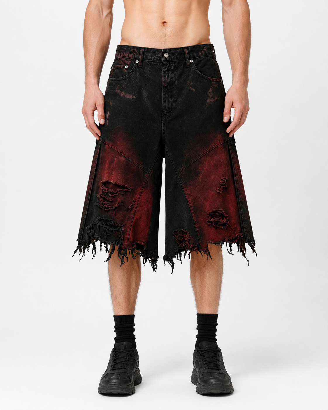 KIIKIO Red Washed Distressed Denim Shorts