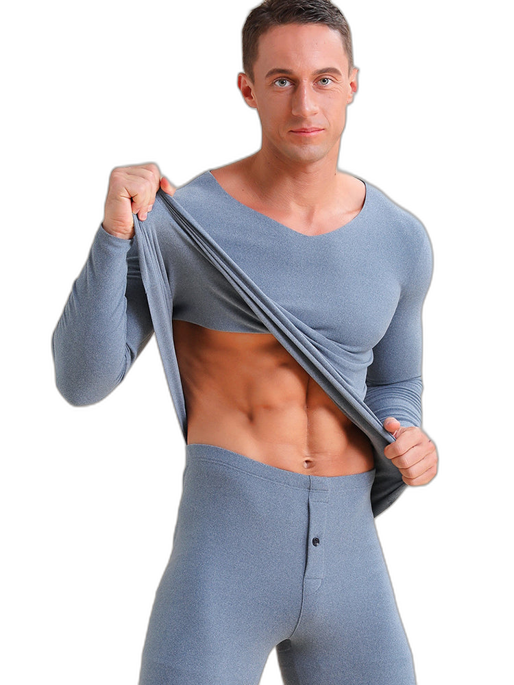 Men's V-neck Fleece Thermal Underwear Set