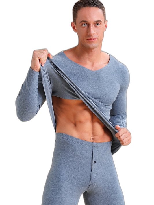 Men's V-neck Fleece Thermal Underwear Set