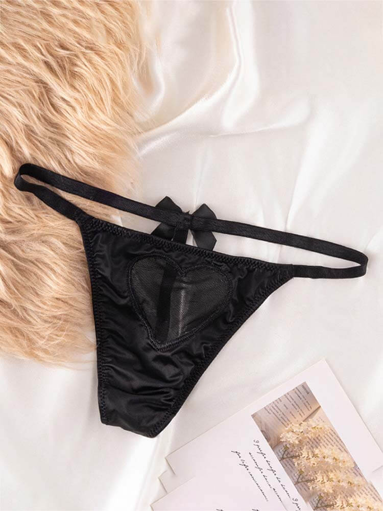 Sexy Mesh Heart-Shaped Satin Bow String Thong