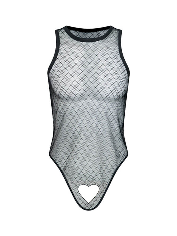 Men's Sexy Checkered Mesh Cutout Heart Tank Top