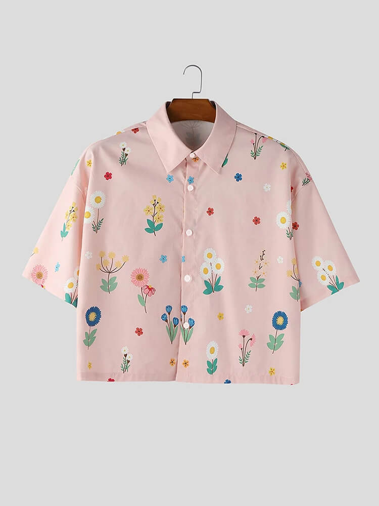 Men's Floral Print Loose Short-Sleeve Cropped Shirt