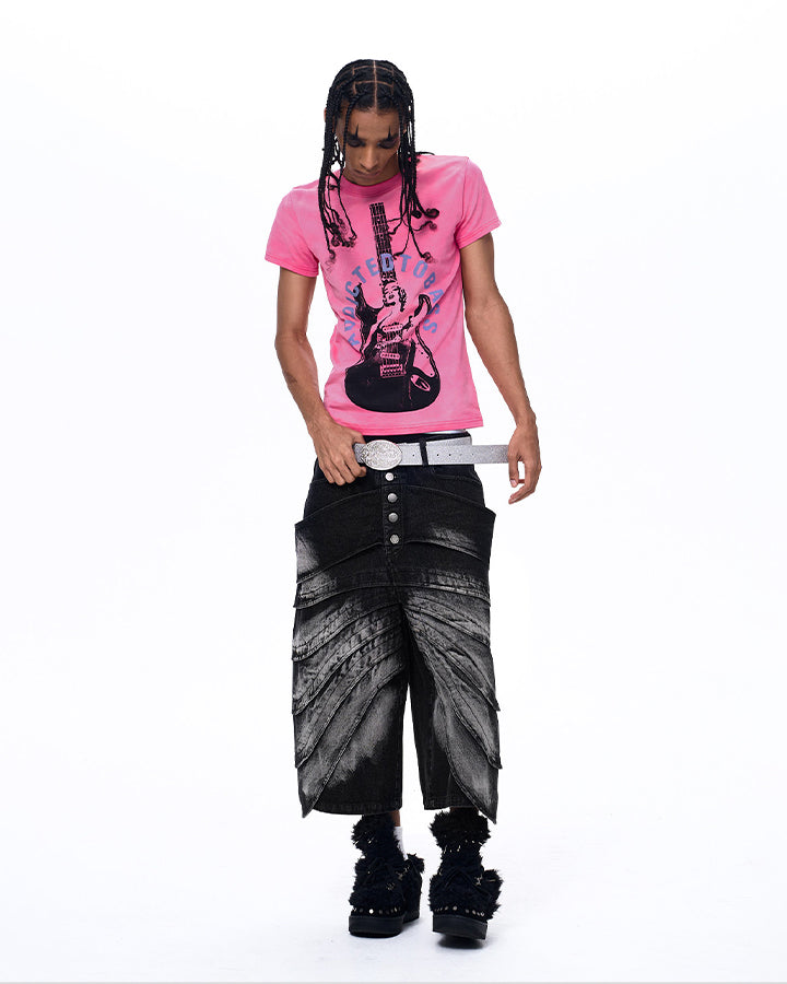 New Deconstructed Washed Layered Wave Denim Shorts