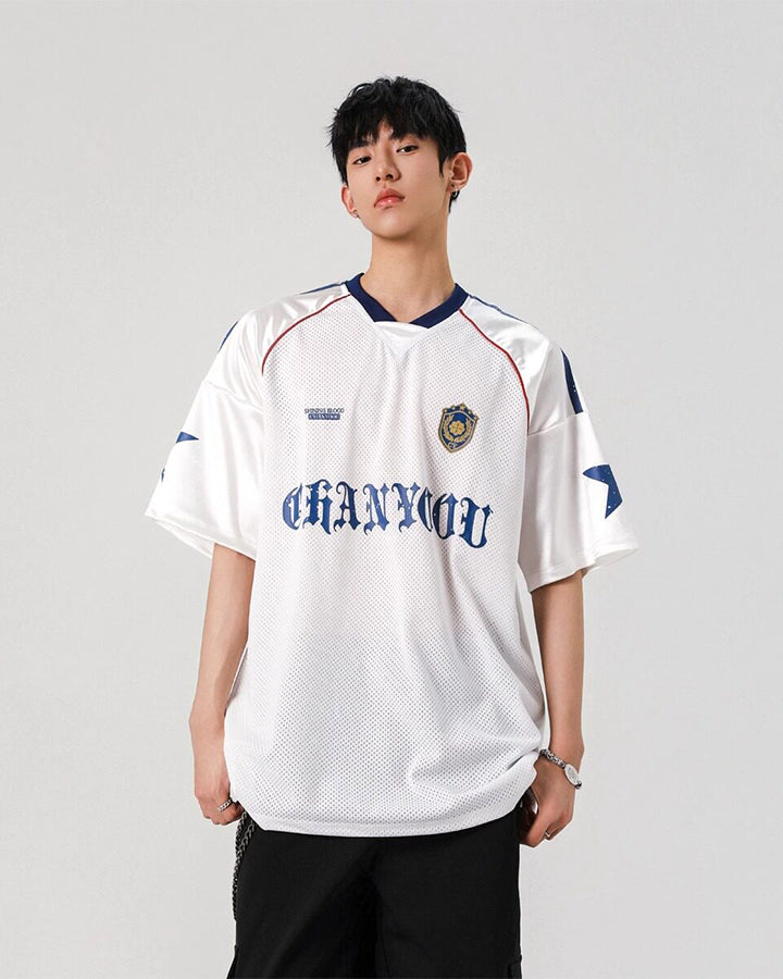 Y2K Star Patch Mesh Football Jersey Tee New