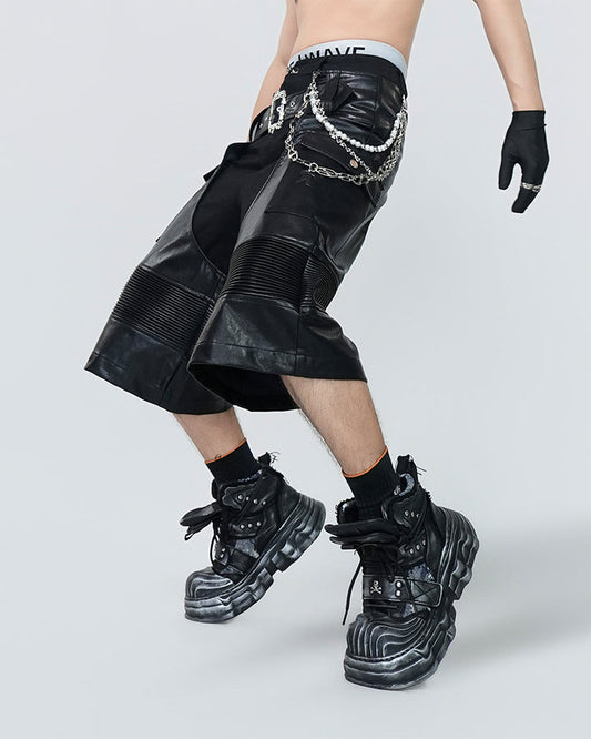 Gothic Deconstructed Patchwork Heavy PU Cargo Shorts