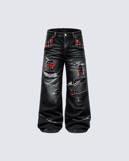 KIIKIO Vintage Plaid Patch Distressed Flared Jeans