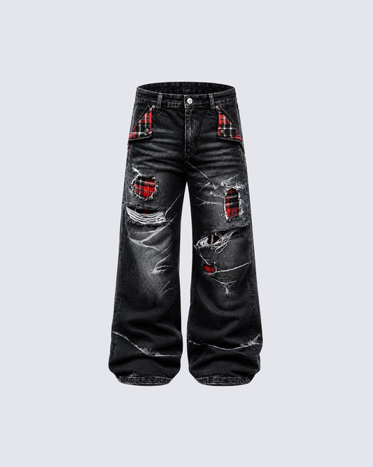 KIIKIO Vintage Plaid Patch Distressed Flared Jeans