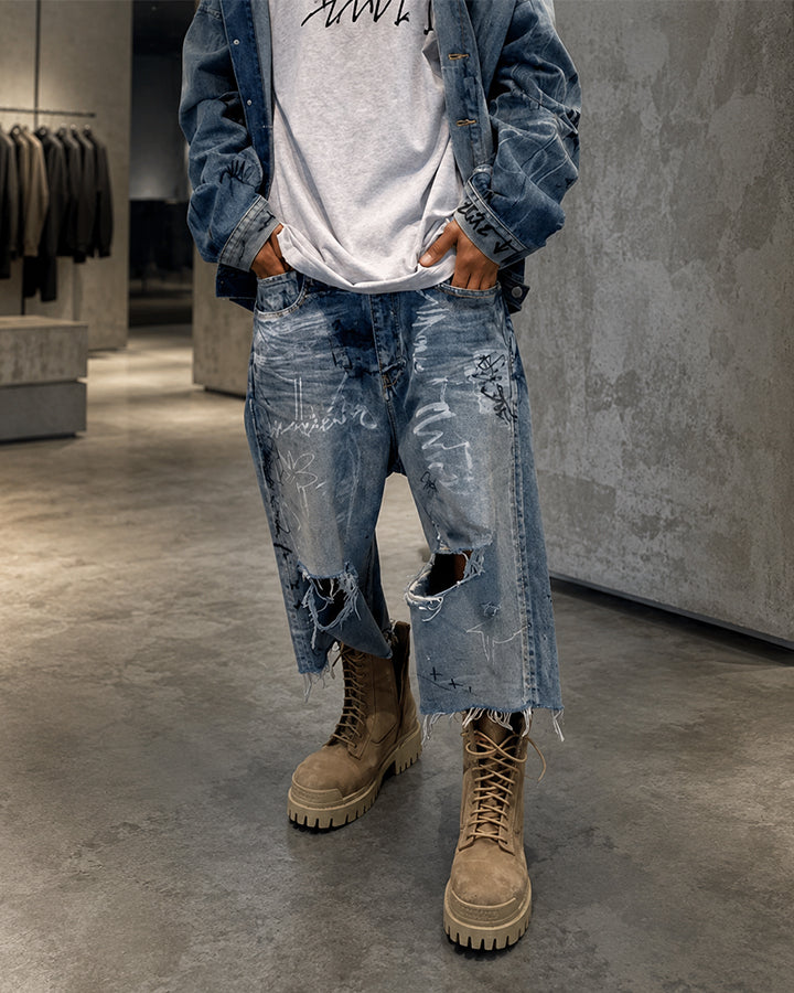 High Street New Graffiti Distressed Wide Denim Shorts
