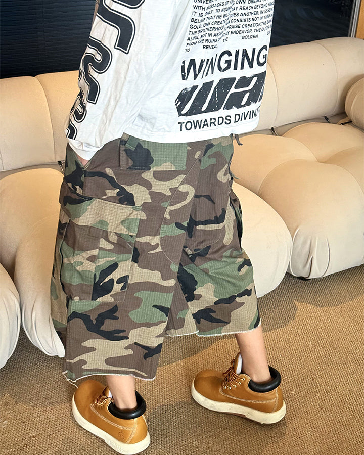KIIKIO Utility Camo Cargo Pocket Wide Knee Shorts