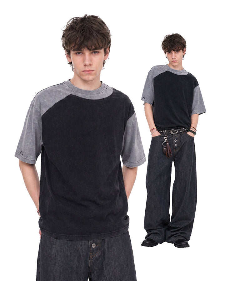 Grunge Vintage Colorblock Washed Short Sleeve Tee