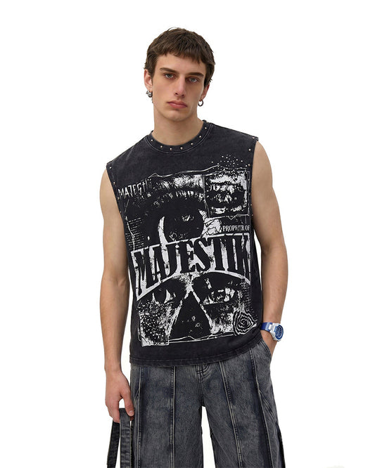 Grunge Studded Washed New Graphic Sleeveless Tank Top