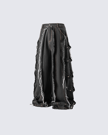 Frayed Patchwork Wide-Leg Denim Pants