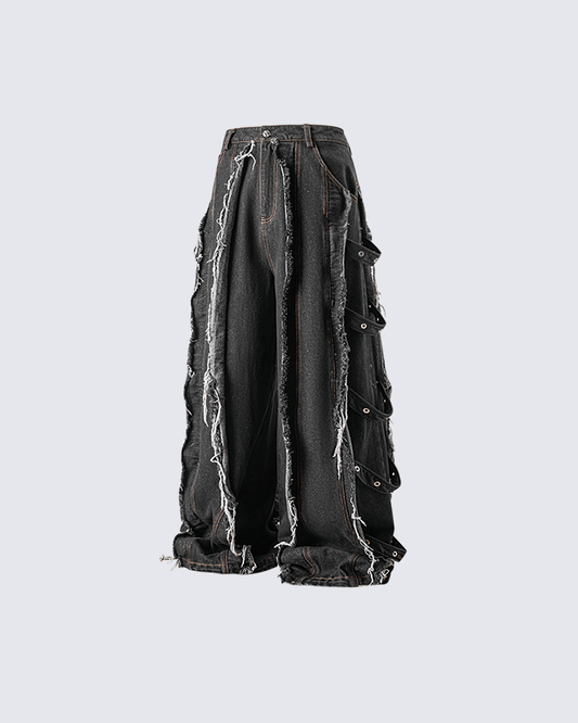 Frayed Patchwork Wide-Leg Denim Pants