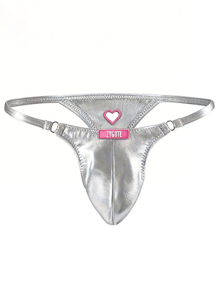 Men's Sexy Embroidered Heart Cutouts Glossy Thong