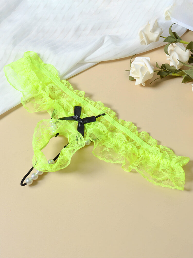 Men's Sexy Lace Trim Pearl Low-Rise Thong