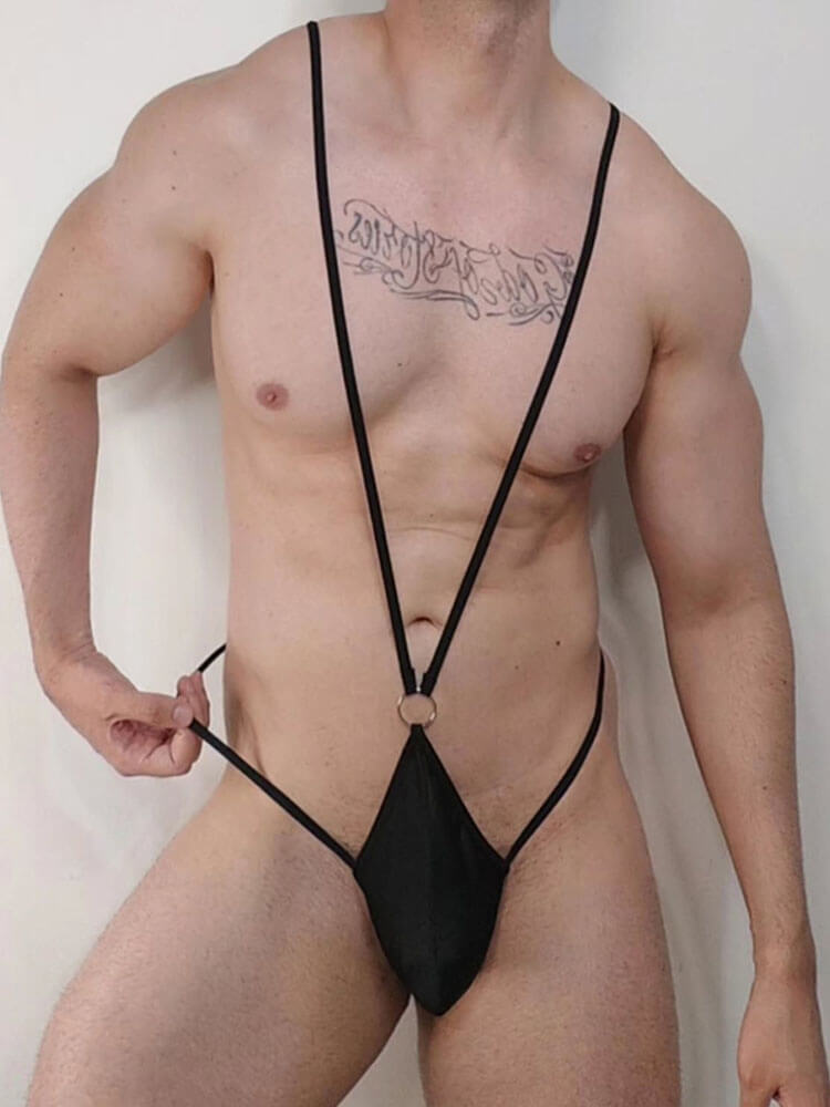Men's Sexy Black Thin Straps Thong Bodysuit
