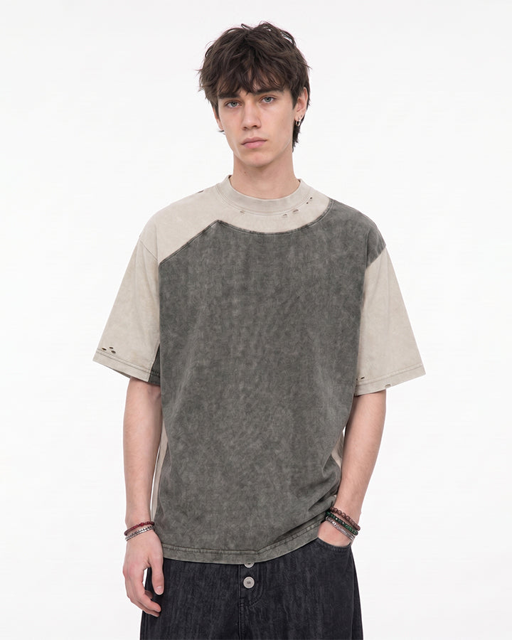 Grunge Vintage Colorblock Washed Short Sleeve Tee