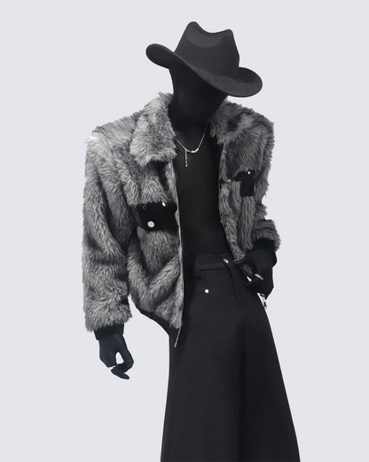 Faux Fur Bomber Jacket with Leather Details