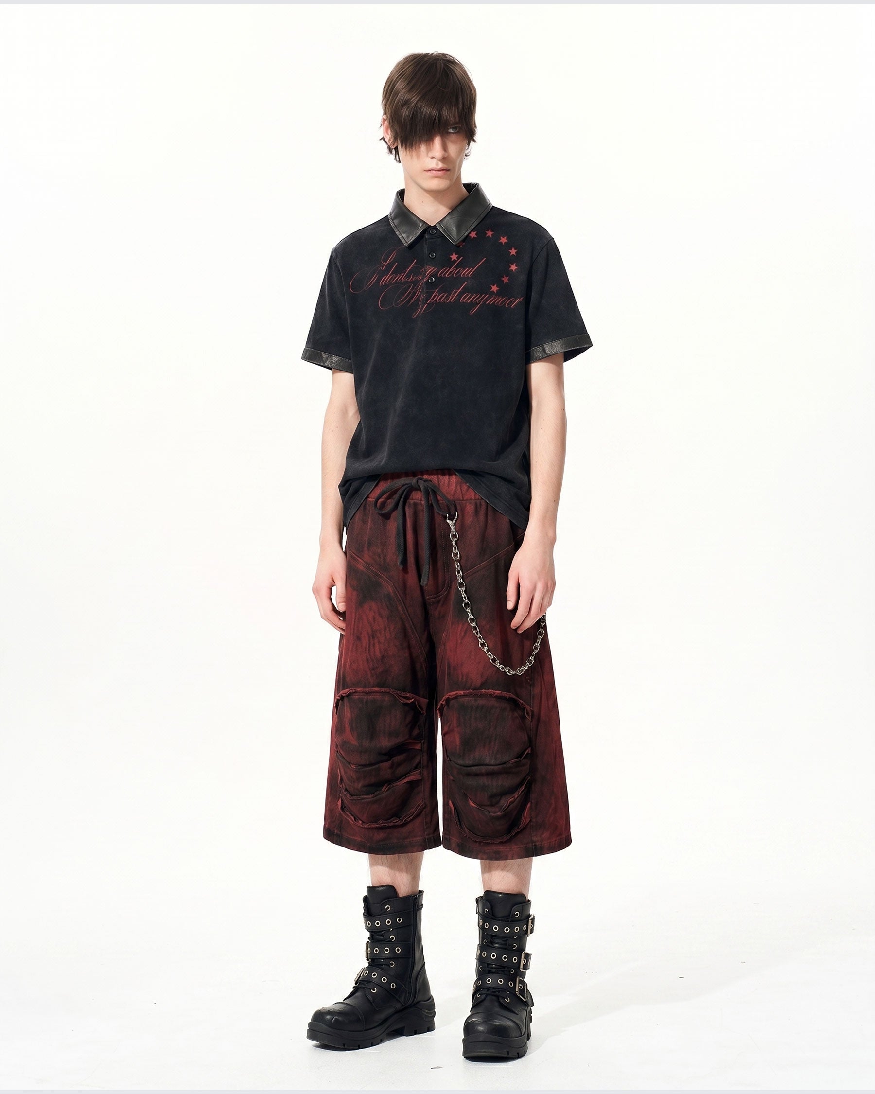 KIIKIO -New Vintage Washed Letter Print Polo Shirt