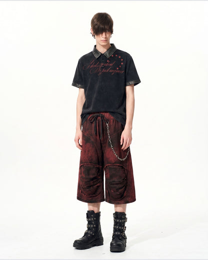 KIIKIO -New Vintage Washed Letter Print Polo Shirt