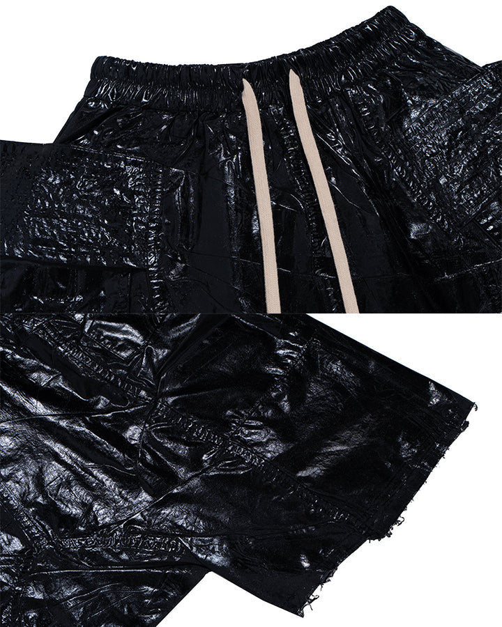 New Glossy Coated Gothic Cargo Denim Shorts