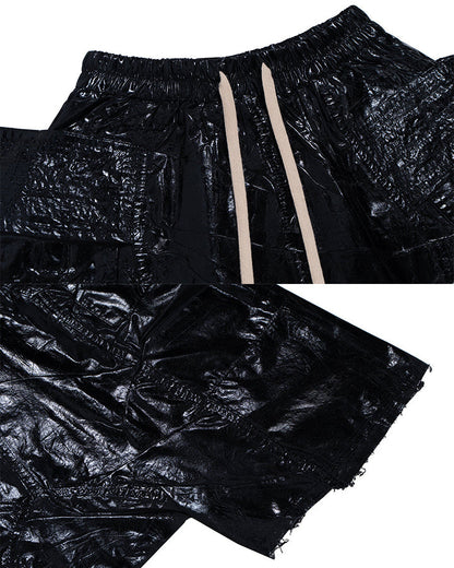 New Glossy Coated Gothic Cargo Denim Shorts