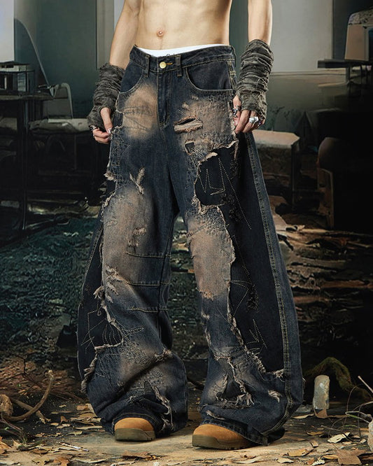 Deconstructed Washed Patchwork Blade-Cut Jeans