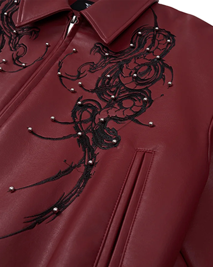 Embroidered Faux Leather Moto Jacket
