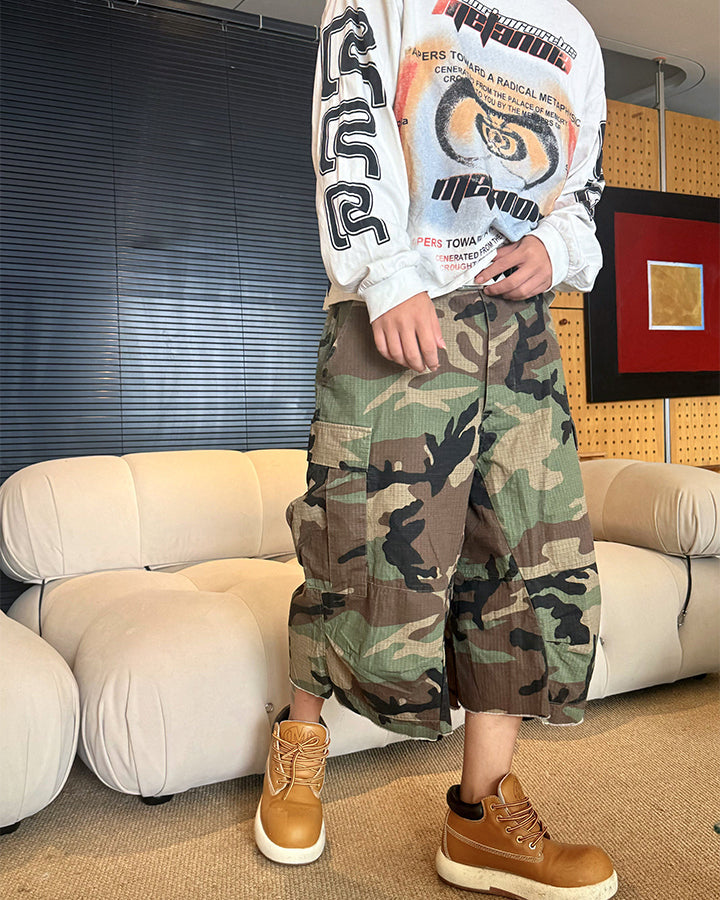 KIIKIO Utility Camo Cargo Pocket Wide Knee Shorts