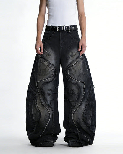 Dark Wavy Zipper Deconstructed Wide Denim Pants New