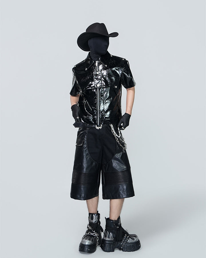 Gothic Deconstructed Patchwork Heavy PU Cargo Shorts