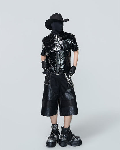 Gothic Deconstructed Patchwork Heavy PU Cargo Shorts