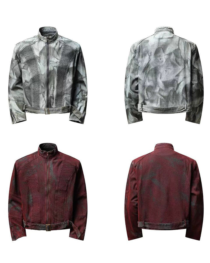 New Red Gothic Washed Belted Cropped Biker Jacket