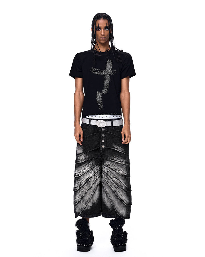 New Deconstructed Washed Layered Wave Denim Shorts