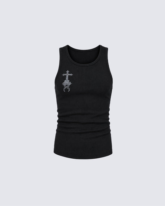 KIIKIO Gothic Cross Embroidered Slim Fit Ribbed Tank Top