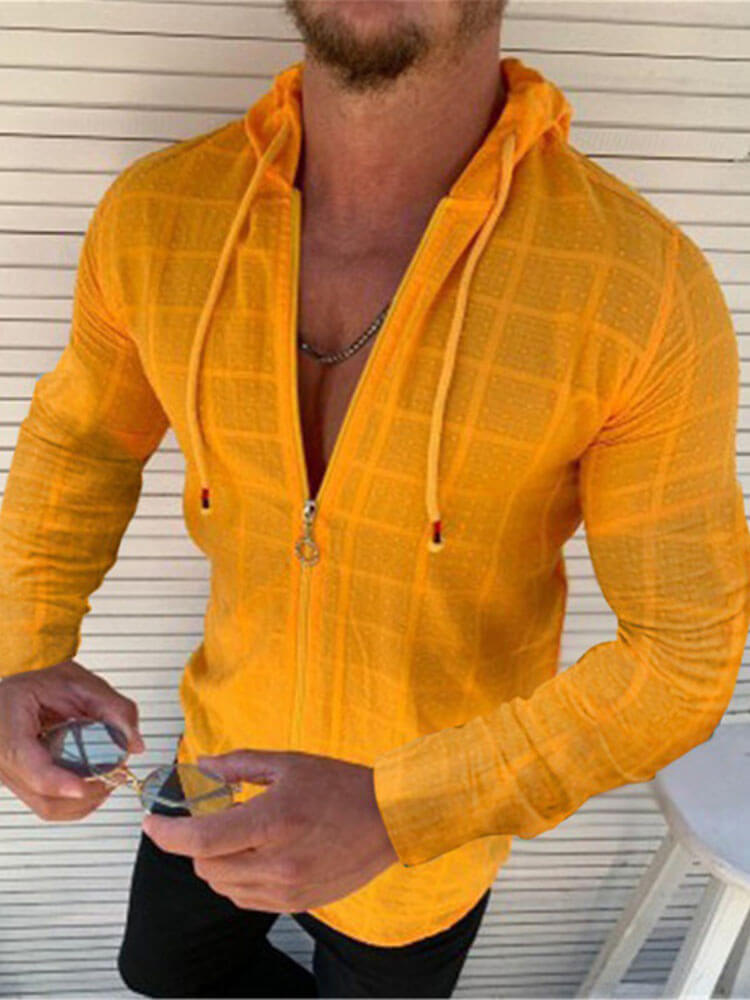 Men's Solid Color Zip-Up Slim Fit Hooded Top