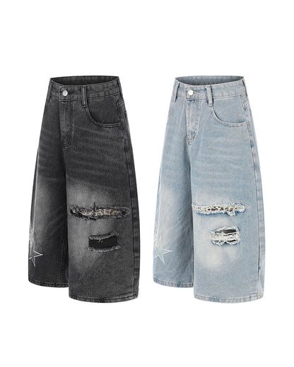 KIIKIO Y2K Star Patch Distressed Wide Denim Shorts