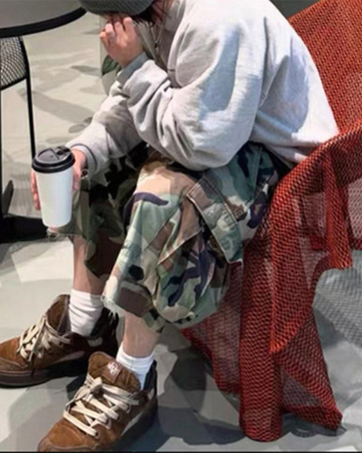 KIIKIO Utility Camo Cargo Pocket Wide Knee Shorts