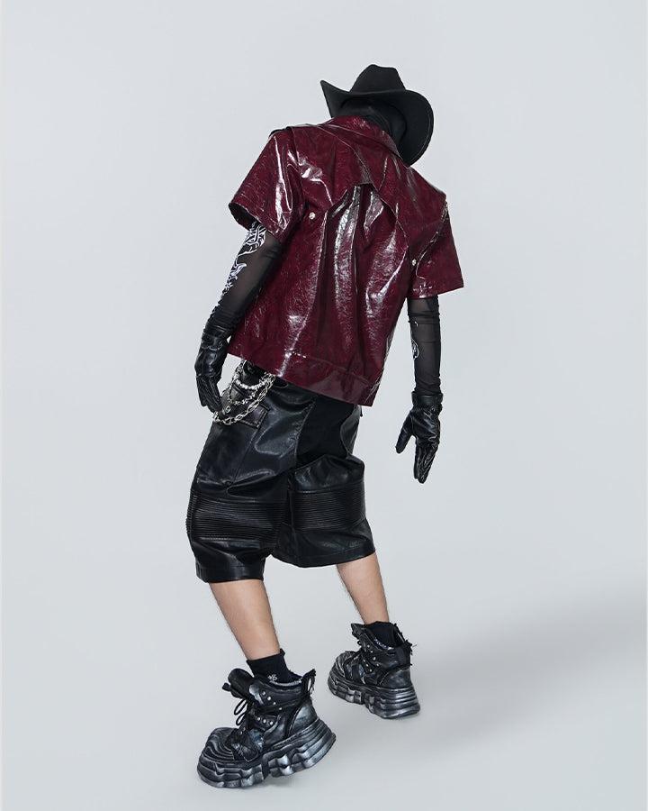 Gothic Deconstructed Patchwork Heavy PU Cargo Shorts