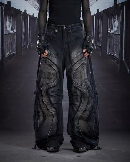 Dark Wavy Zipper Deconstructed Wide Denim Pants New