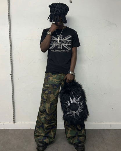 KIIKIO-New Y2K Distressed Union Graphic Washed Black T-Shirt