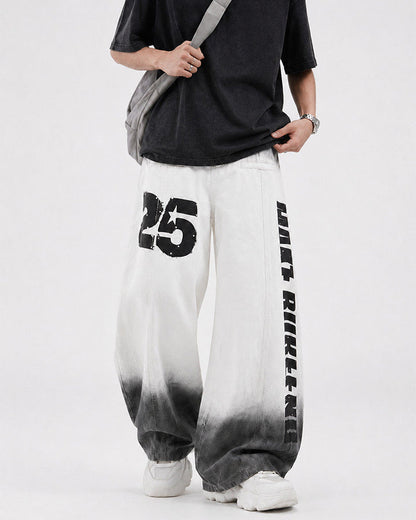 Gradient Number Graphic Wide Leg Denim Pants