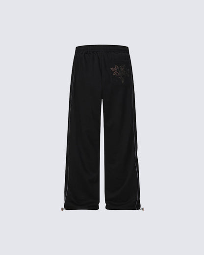 Y2K Dark Dragon Rose Rhinestone Straight Leg Sweatpants