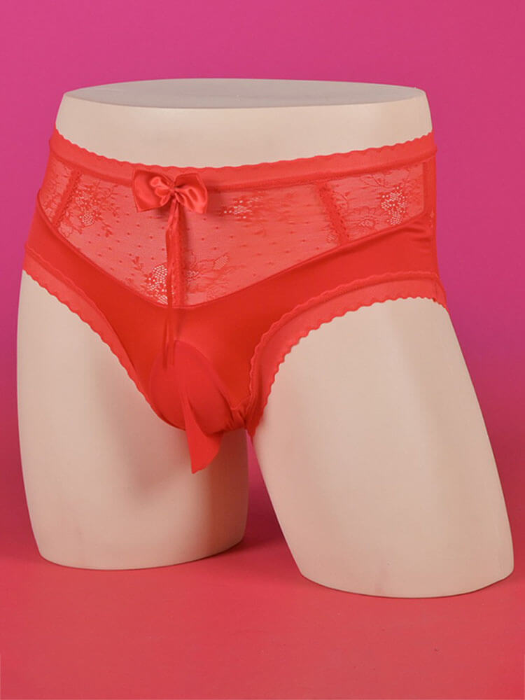 Men's Sexy Bow Openwork Lace Solid Color Briefs