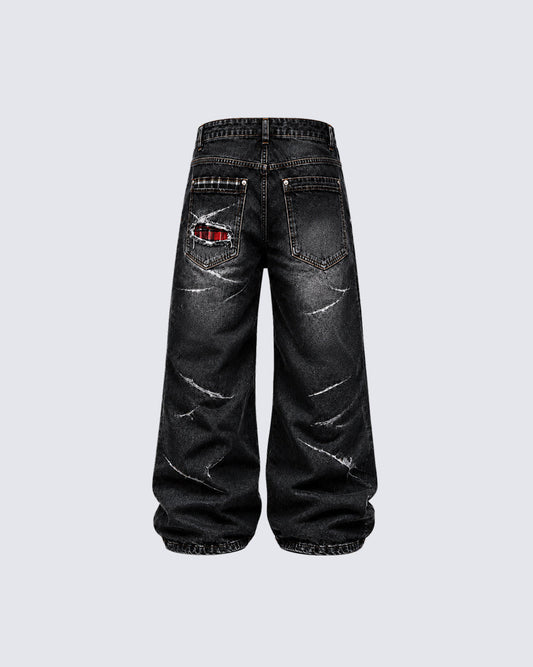 KIIKIO Vintage Plaid Patch Distressed Flared Jeans