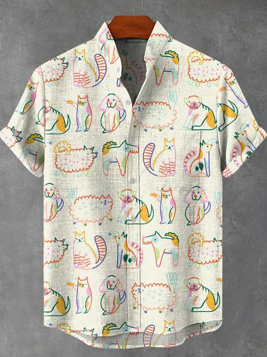 Men Animals Dogs Cats Rainbow Print Cotton Shirt