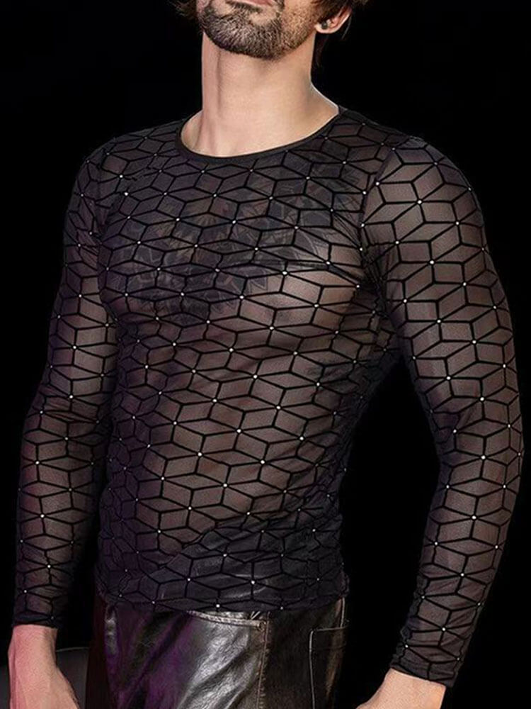 Men's Geometric Pattern Print Mesh See-Through Top