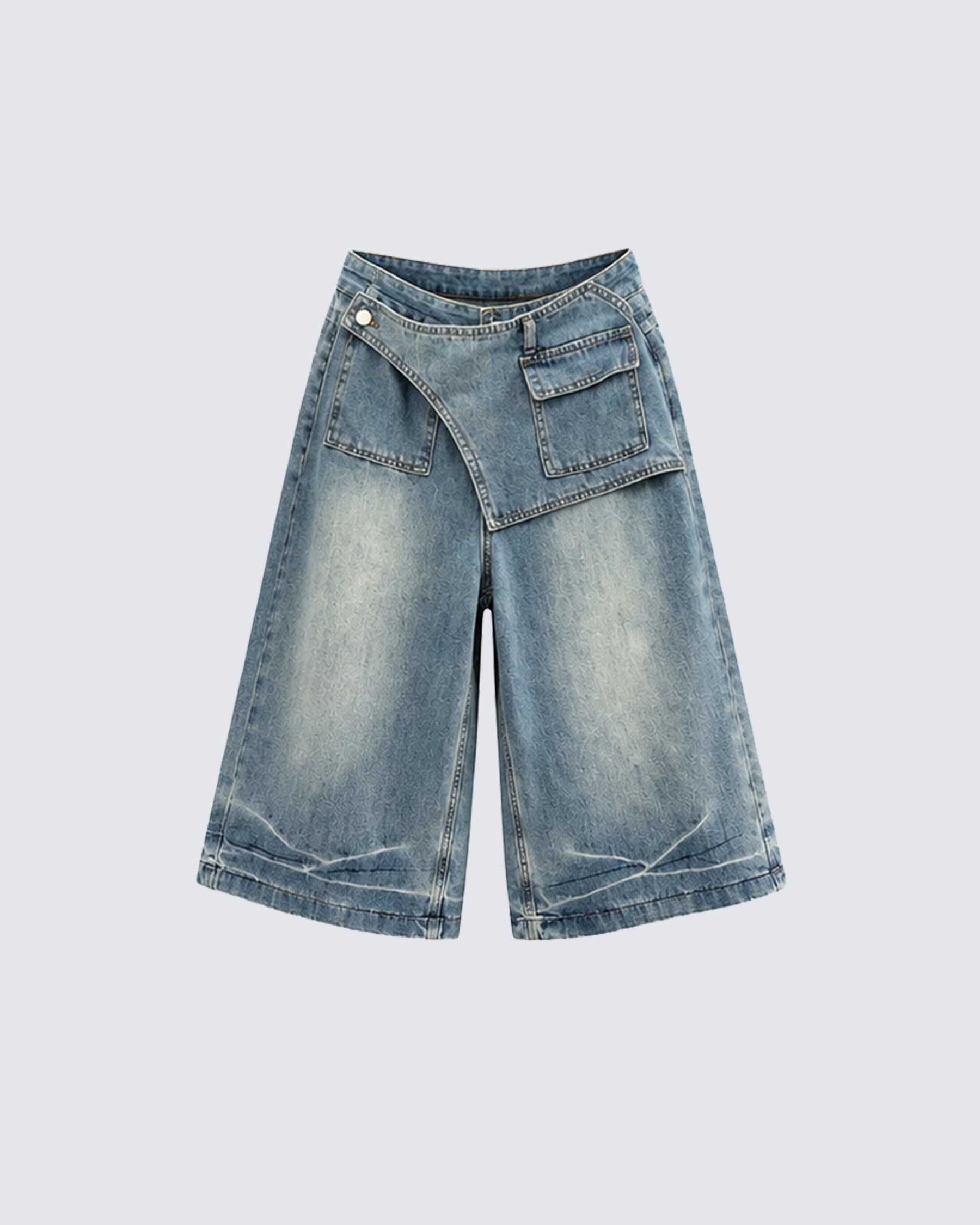 KIIKIO Retro Asymmetrical Pocket Denim Straight Shorts